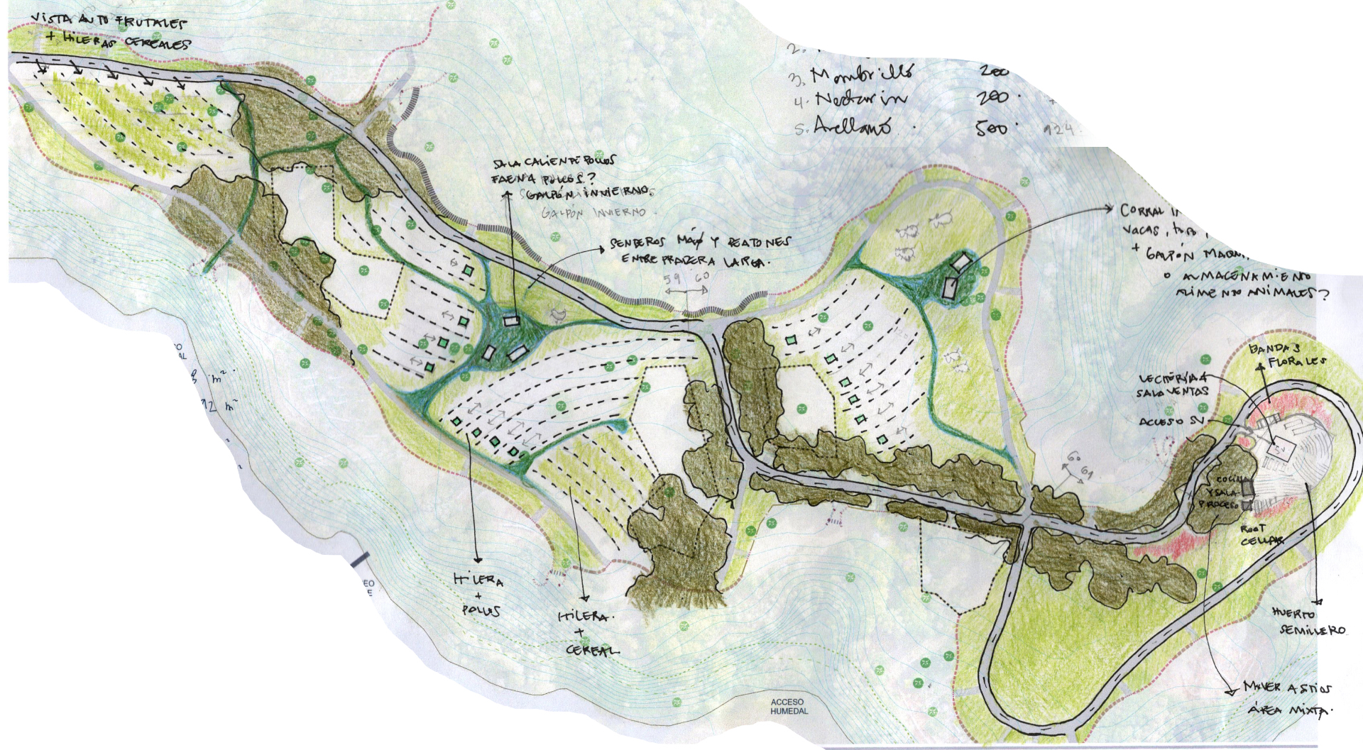 Boceto del masterplan de Isla San Francisco con sitios, senderos y áreas agrícolas