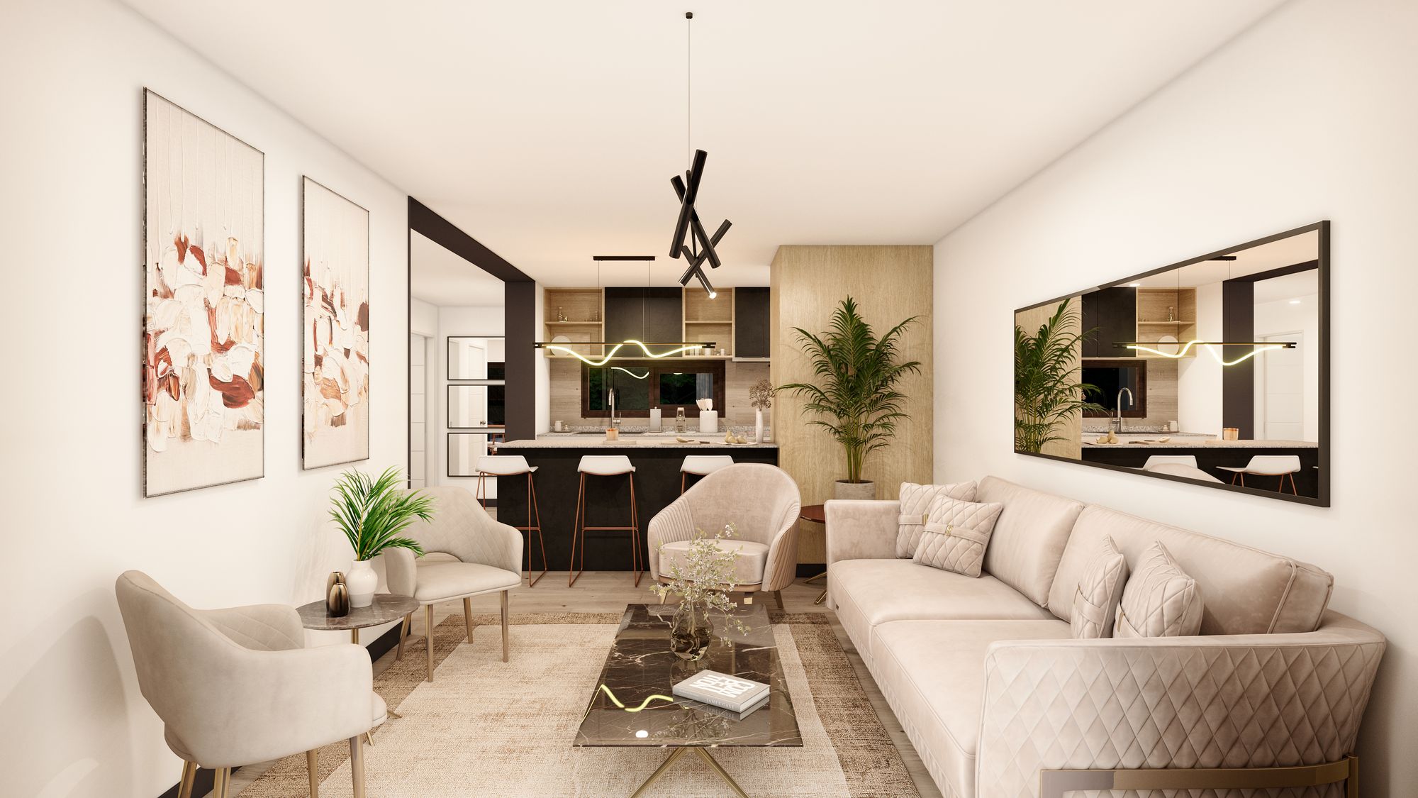 Living, comedor y cocina integrados de una casa de Reserva Urbana